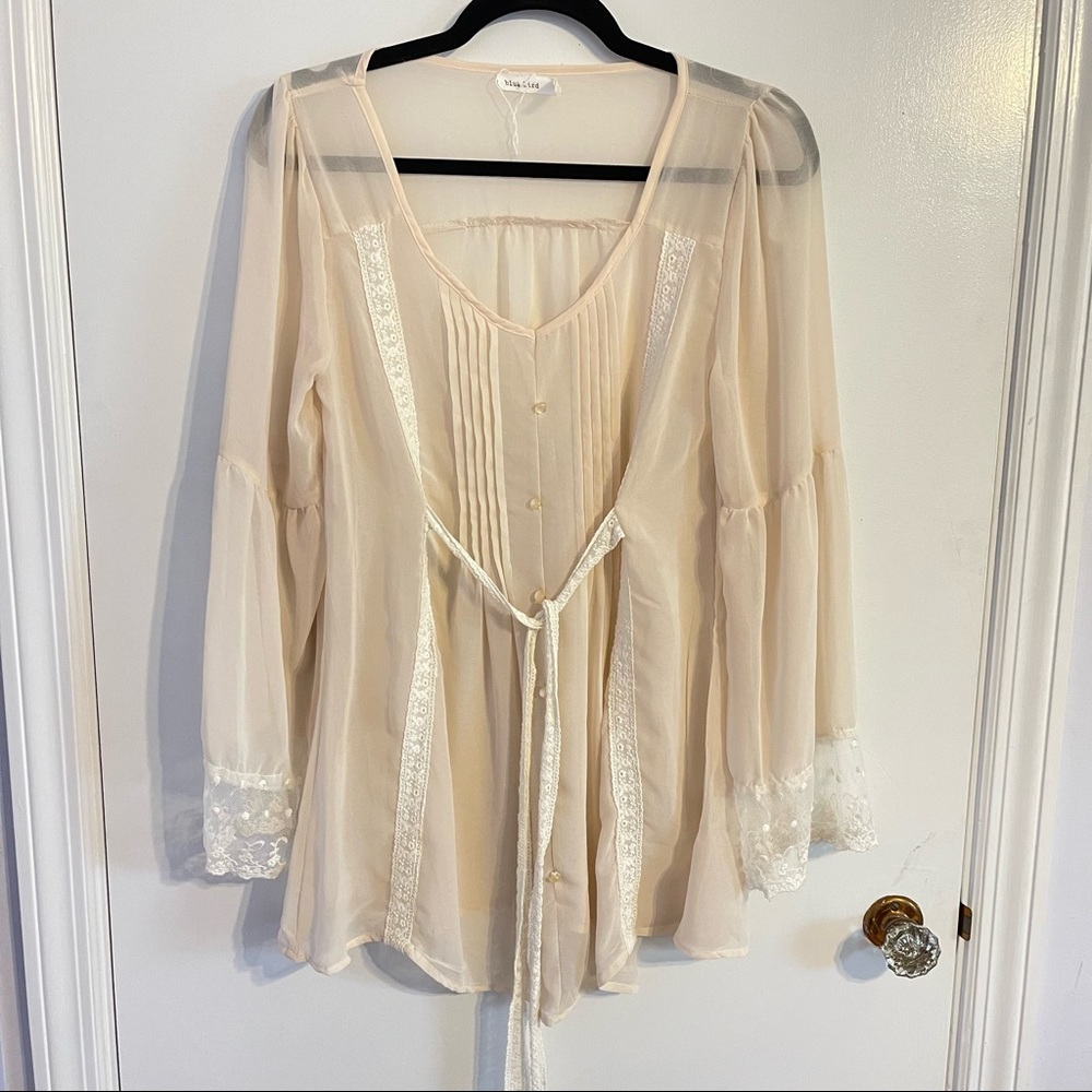 Blue Bird Sheer Peasant Top Long Sleeve Blouse size Medium